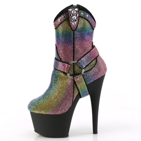 Platform Cowgirl Rainbow Rhinestone Ankle Boots